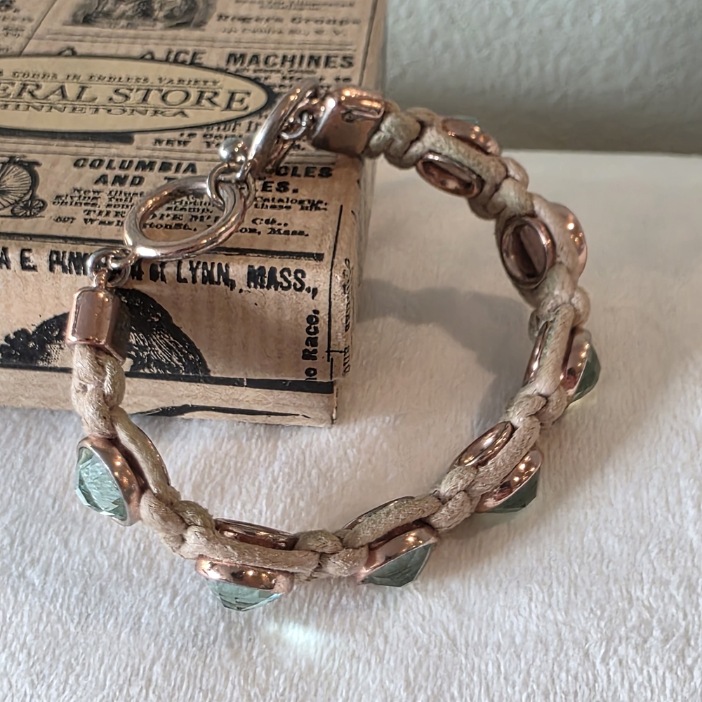 Tan Bracelet with Green Gem Accents - Picture 3 of 12